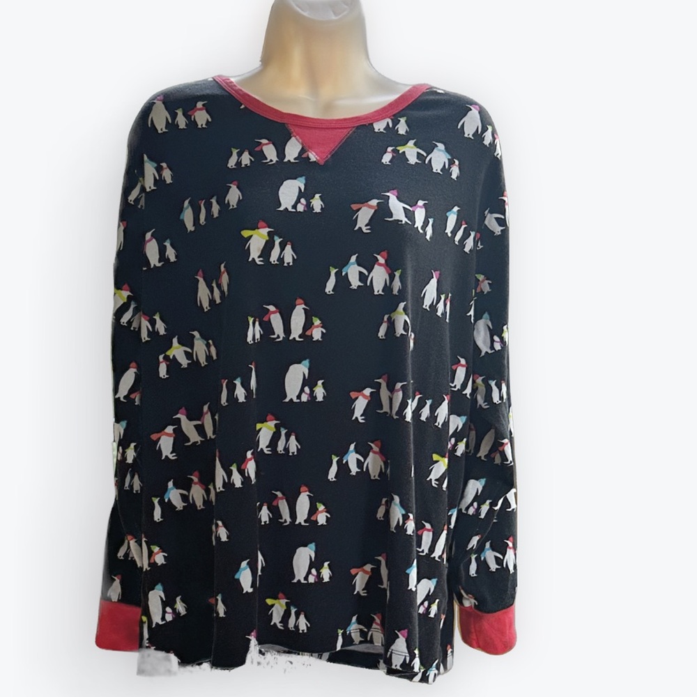 Winter Whimsical Playful Colorful Penguins 100% Cotton Long-Sleeve Top ~ 2X